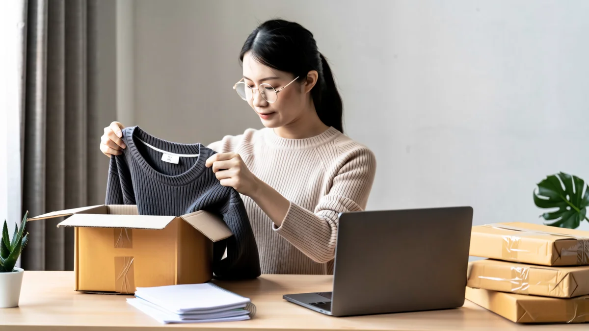 客服人员在办公桌前开箱检查客户退回的商品并核对退货单据
