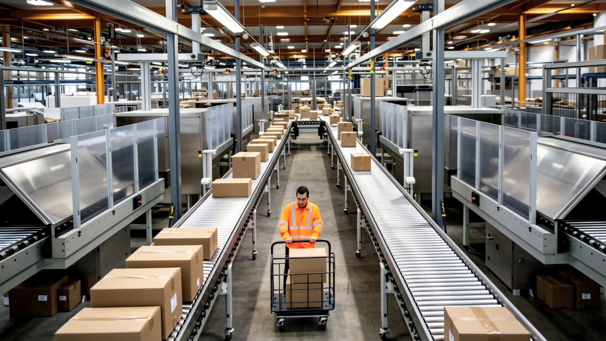 现代物流分拣中心传送带上的纸箱包裹,跨境电商逆向物流与退货处理场景
