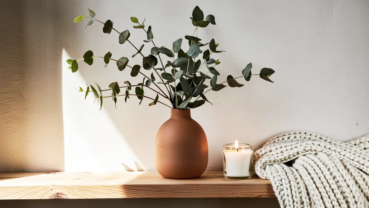 暖色调陶瓷花瓶搭配绿植的家居场景,适合作为独立站 Pinterest 的优质图片素材
